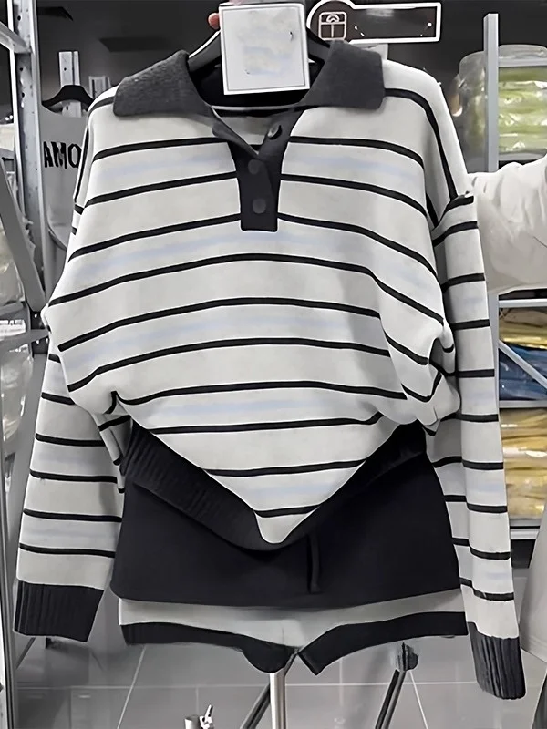 

Женский повседневный полосатый свободный вязаный свитер с цветным воротником, теплый осенне-зимний новый поступление, модный топ
