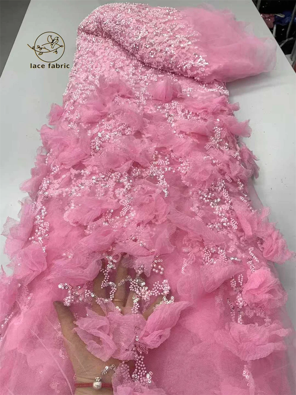 

Pink African 3D Feather Lace Fabric 2025 High Quality Lace Luxury Embroidery Sequins Beaded Lace Fabric for Wedding Party Dress