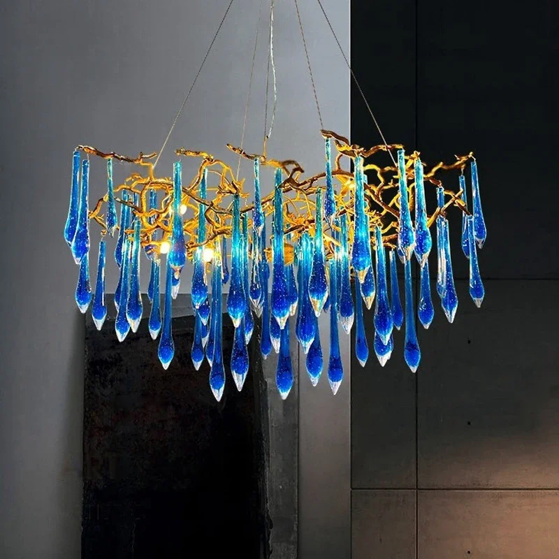 

Nordic luxury classic blue crystal Chandelier smooth water droplet LED light suitable decorative lighting fixtures kitchens