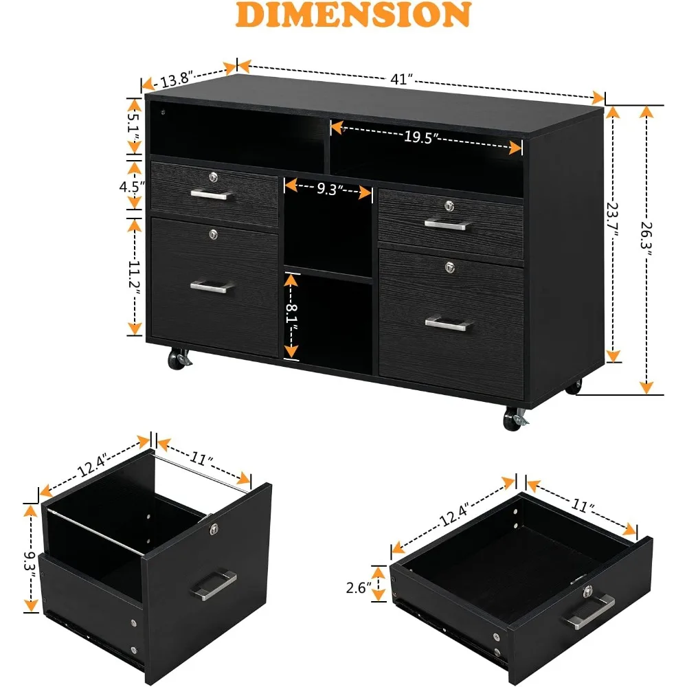 Mobile File Cabinet with 4 Drawers and Shelves, Printer Stand with Open Storage, Locking Lateral Filing Cabinet for Home Office