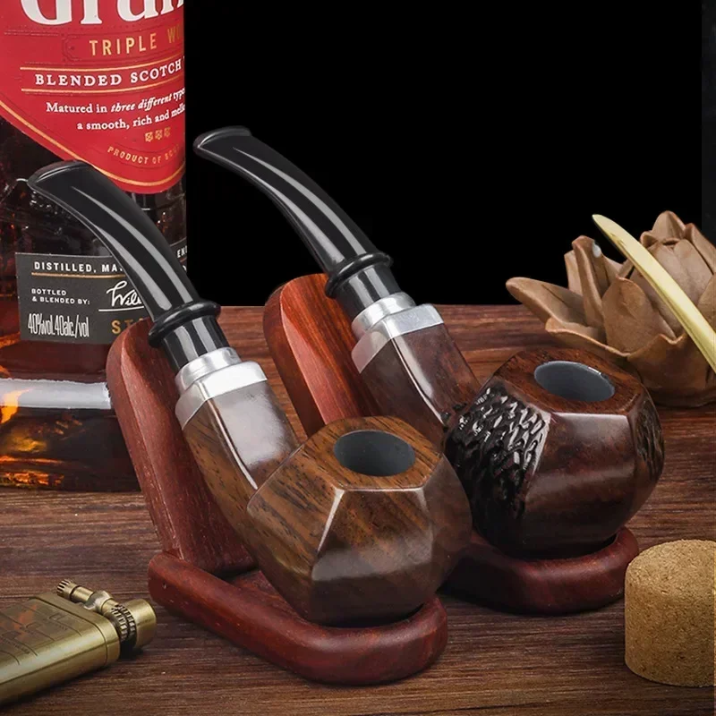 Ebony Hand Carved Tobacco Pipe Carving Activated Carbon Filter Wood Smoking Pipes Cigar Grinder Smoke Cigarette Holder