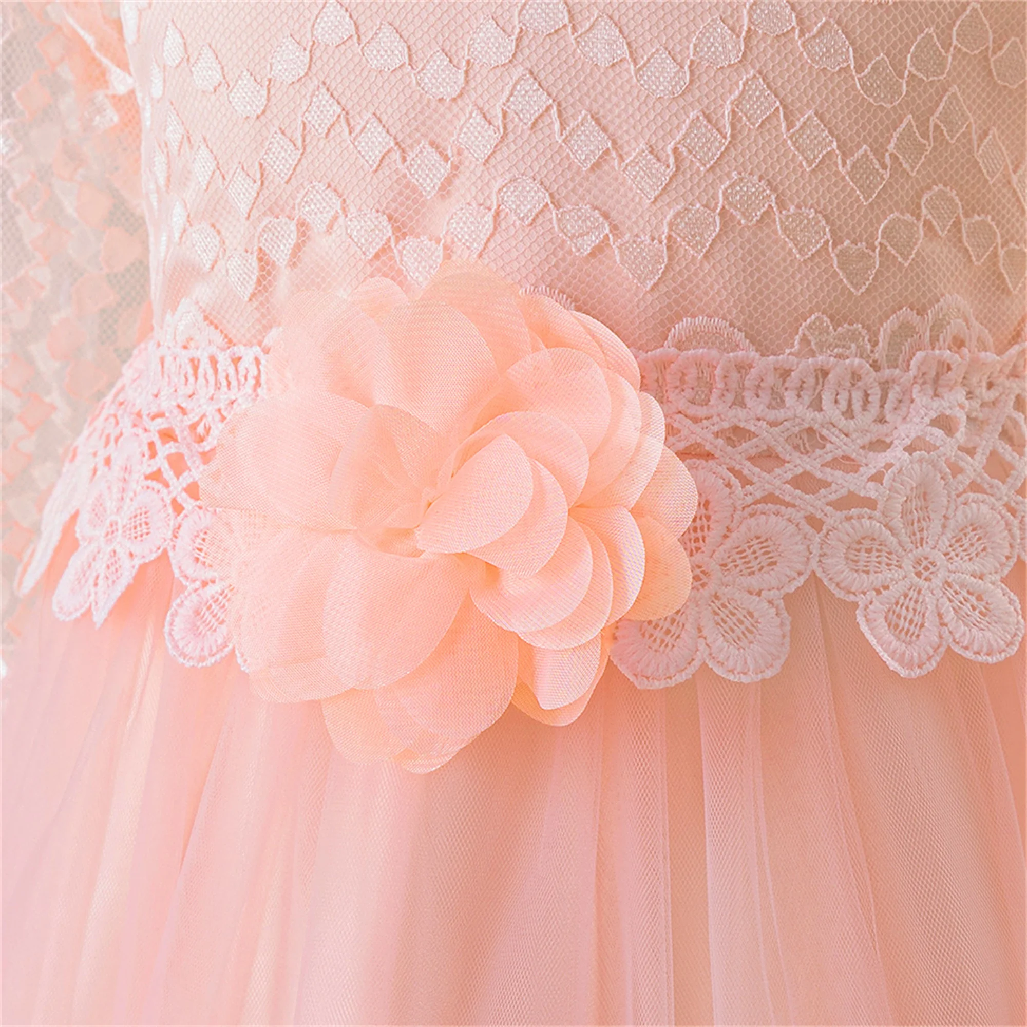 Elegant Pink Bridemaid Party Girls Dress Long Sleeve Flower Tulle Wedding Princess Dresses for Kids First Communion Prom Costume