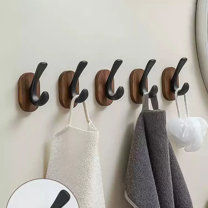 

No Drilling Towel Hooks, Clothes Storage, Bathroom Accessories, Aluminum, Wood, White, Black Painted, Robe Hook, Wall Hanging