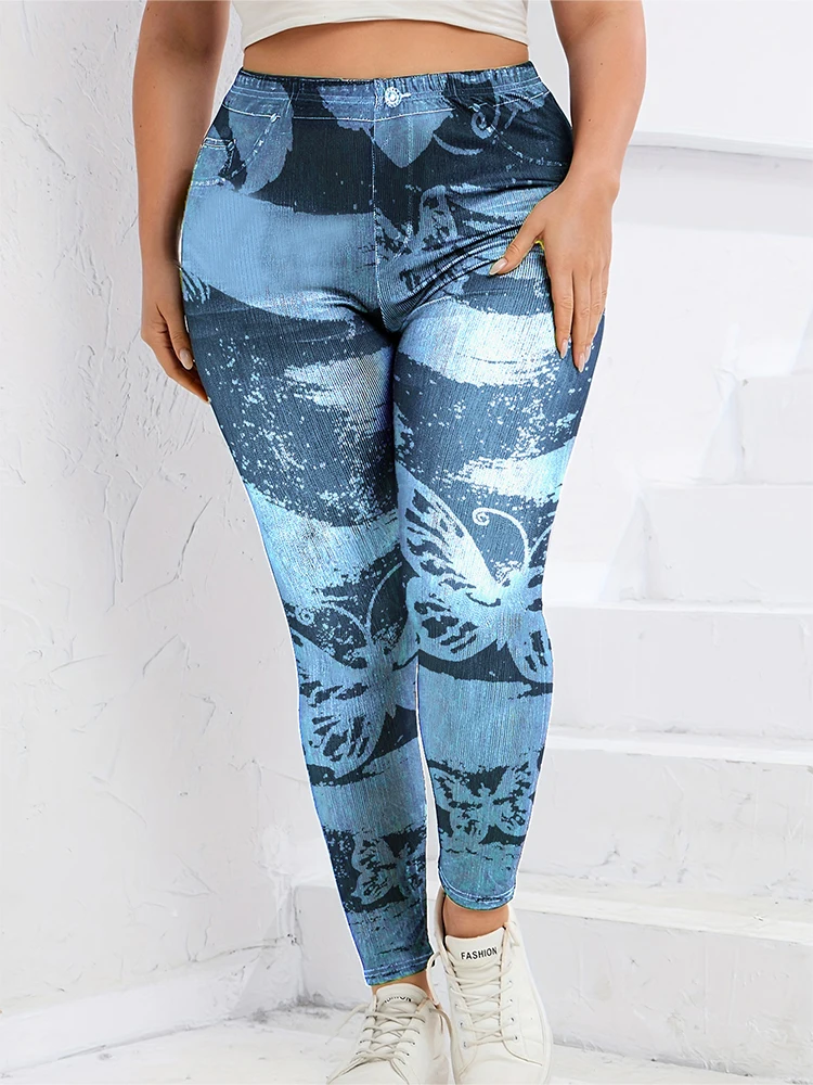 

Plus Size Butterfly Print Skinny Leggings, Vintage Striped Ribbed High Waist Stretch Pants, Casual Daily Women Trousers