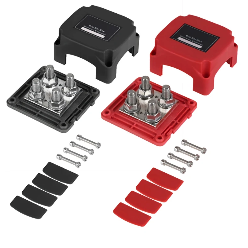 2Set 3/8' M10x8 Positive Terminal And Grounding Busbar With Cover Suitable For Marine Car RV Ship 12V-48V DC Black And Red