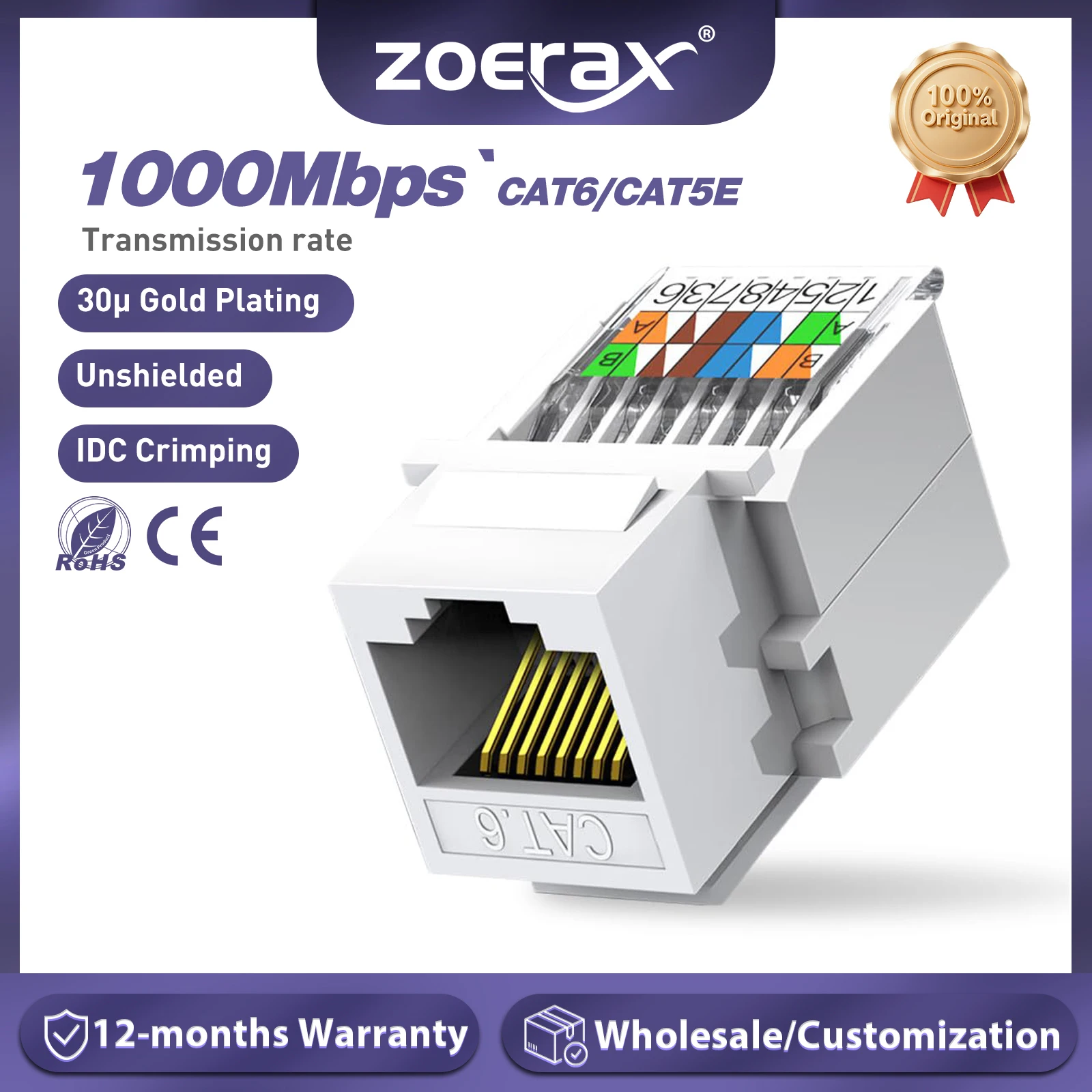 ZoeRax 1 szt. Cat5e Cat6 beznarzędziowy adapter złącza Keystone Jack, złącze modułu Keystone sieć internetowa kabel Ethernet LAN