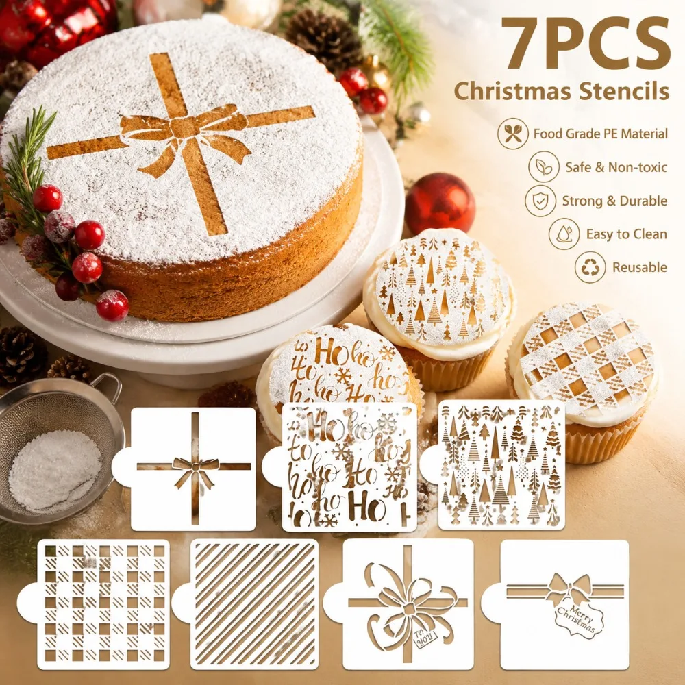7 Pcs Christmas Cake Stencil Set, Reusable PET Templates with Bow Tree Stripe Square Patterns for Cake Cookie Fondant Party