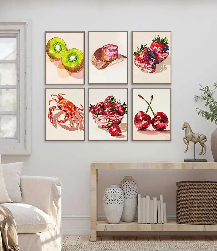 1pc frameless Canvas Painting Disco Retro Red Strawberries Cherry Lemon Poster Canvas Painting Print Trendy Wall Art Picture