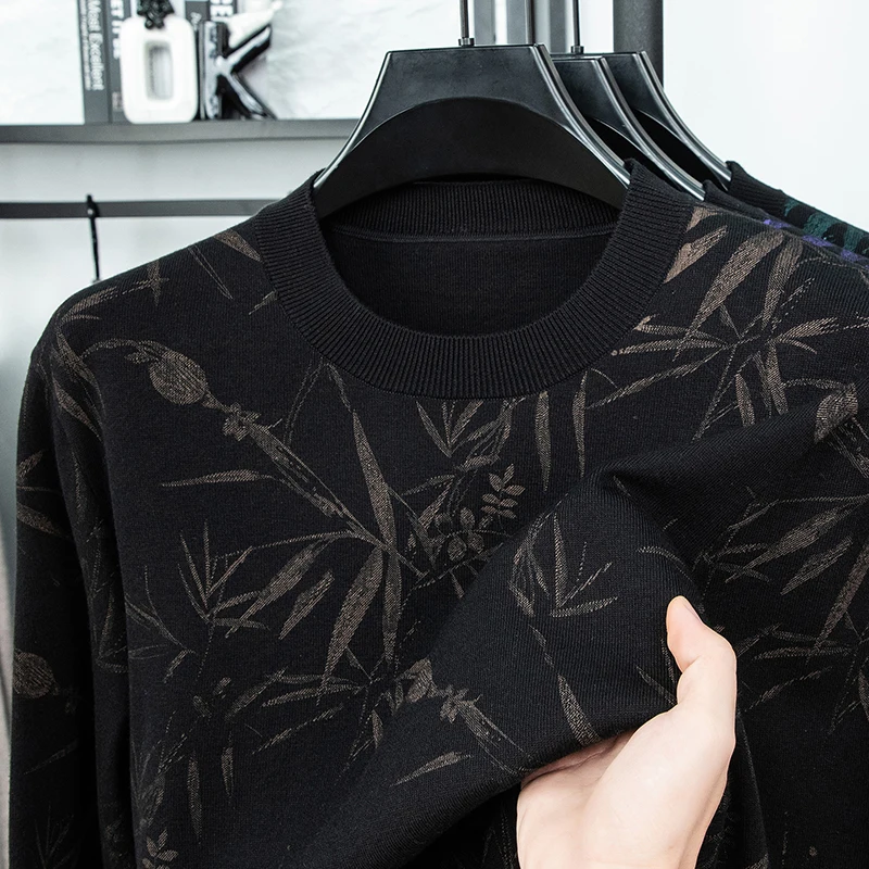 Men's Luxury Knitted Sweater Round Neck Long Sleeve Printed Bamboo Leaf Pullover Autumn Winter Fashion Casual Classic Men's Wear