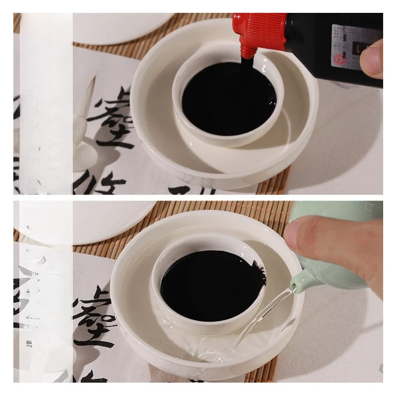 Ceramic Inkstone Double Ring with Cover Ceramic Inkstone Student Multifunctional Ink Disc Four Treasures of The Study