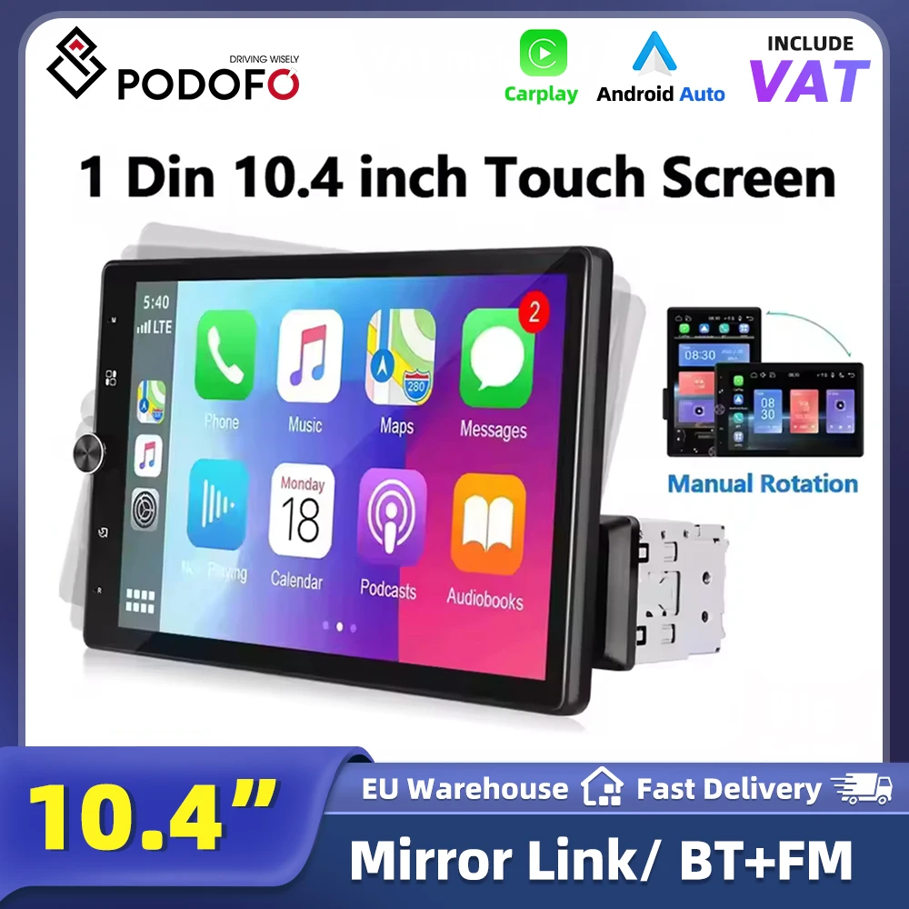 Podofo 1Din 10.4 pouces, lecteur stéréo de voiture à écran tactile, Carplay, Bluetooth, radio FM, récepteur vidéo multimédia pour modification et remplacement de l'audio et de la vidéo de l'intérieur de la voiture