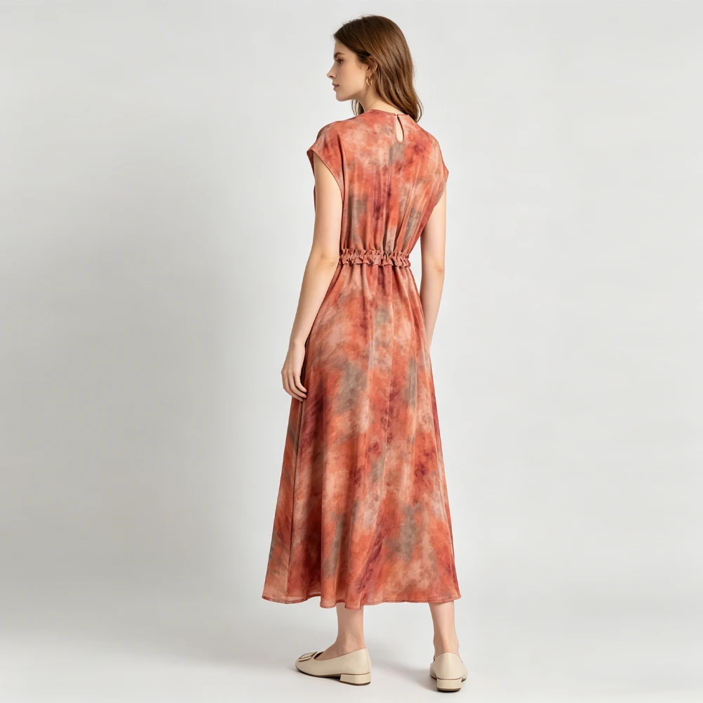 2026 Women's Casual Summer New 100% Natural Mulberry Silk Crepe De Chine Round Neck Raglan Sleeve Drawstring Loose Dress