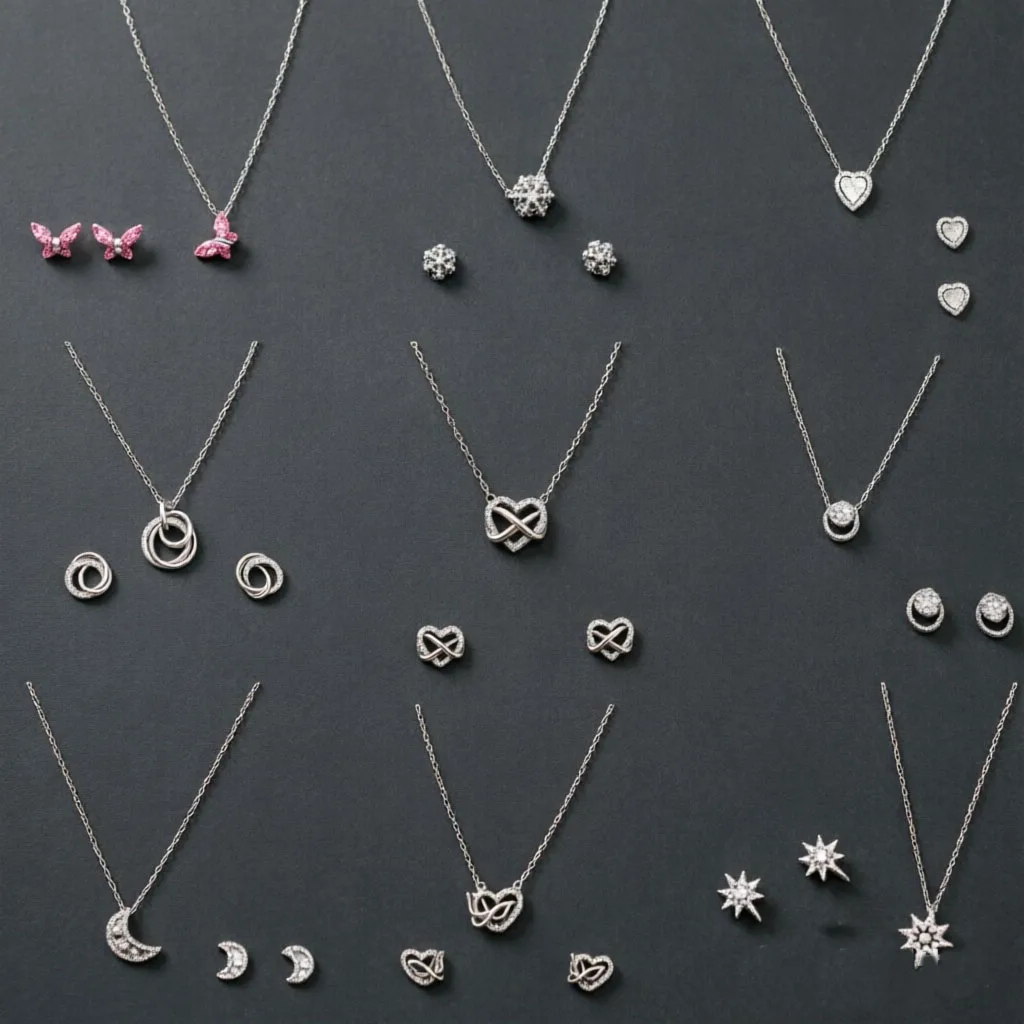 Juego de Aretes y Collar de Plata 925 con Diseño de Luna e Infinito, Aretes y Collar S925 para Mujer, Joyería Popular para Regalo de Compromiso