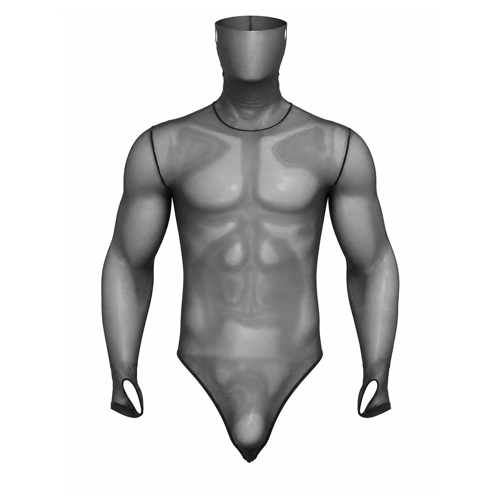 Men See Through Mesh Bodysuit Ultra High Mask Long Sleeve Buttoned Crotch Leotard Jumpsuit Nightwear Bar Clubwear Sheer Bodysuit