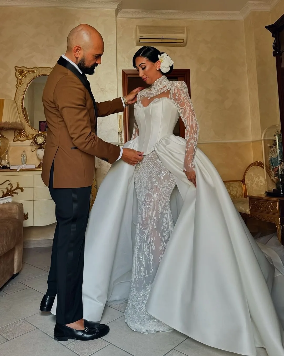 2 Pieces Mermaid Wedding Dresses With Corset Beads Lace Appliques Long Sleeve Bridal Gowns Customized Plus Size