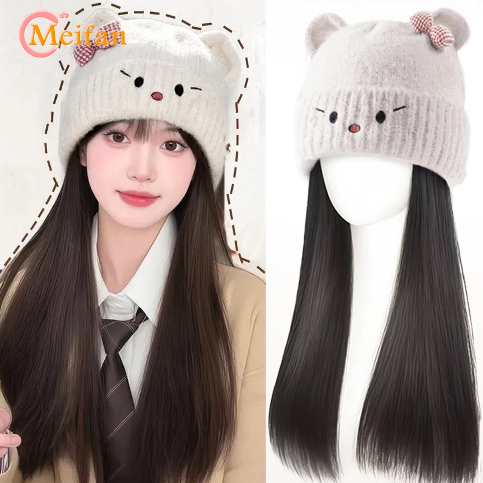 

Long Straight White Knitted Warm Hat Wig Curly Hairpieces Attached Hat with Hairpiece Fashion Cute Cat shaped Hat Wig for girls