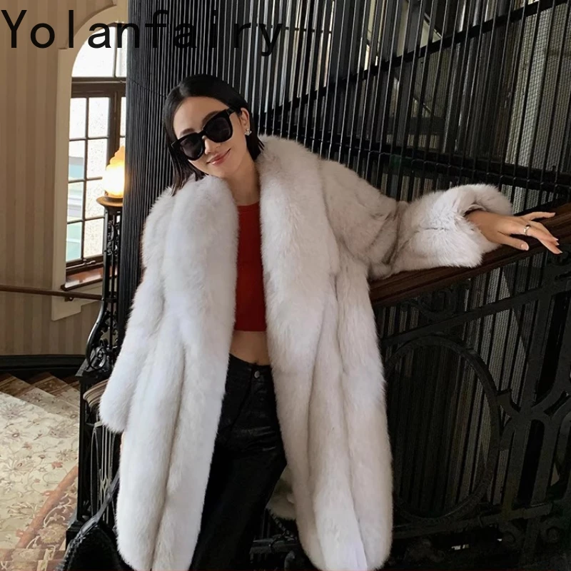 YOLANFAIRY autumn and winter Imported whole fox fur Suit-style fur coat woman turn-down collar long sleeve дубленка женская 2025