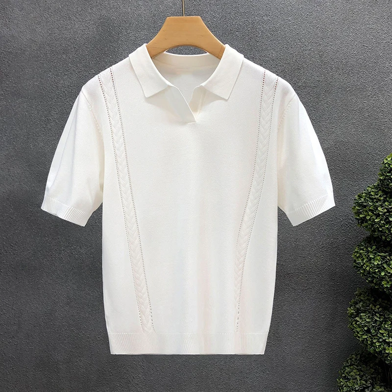 Vintage Lapel Button Mens Knit Polo Shirt Short Sleeve Solid Color Knitting Polo Men Tops Casual Breathable Slim Knitted T Shirt