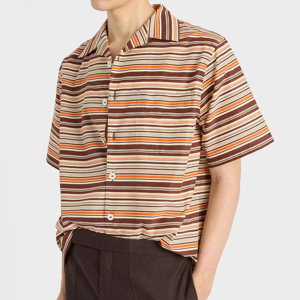 

Коричневая полосатая рубашка на пуговицах, уличная одежда унисекс, с коротким рукавом, свободная повседневная мужская одежда, модные топы с 3D принтом, мужские рубашки