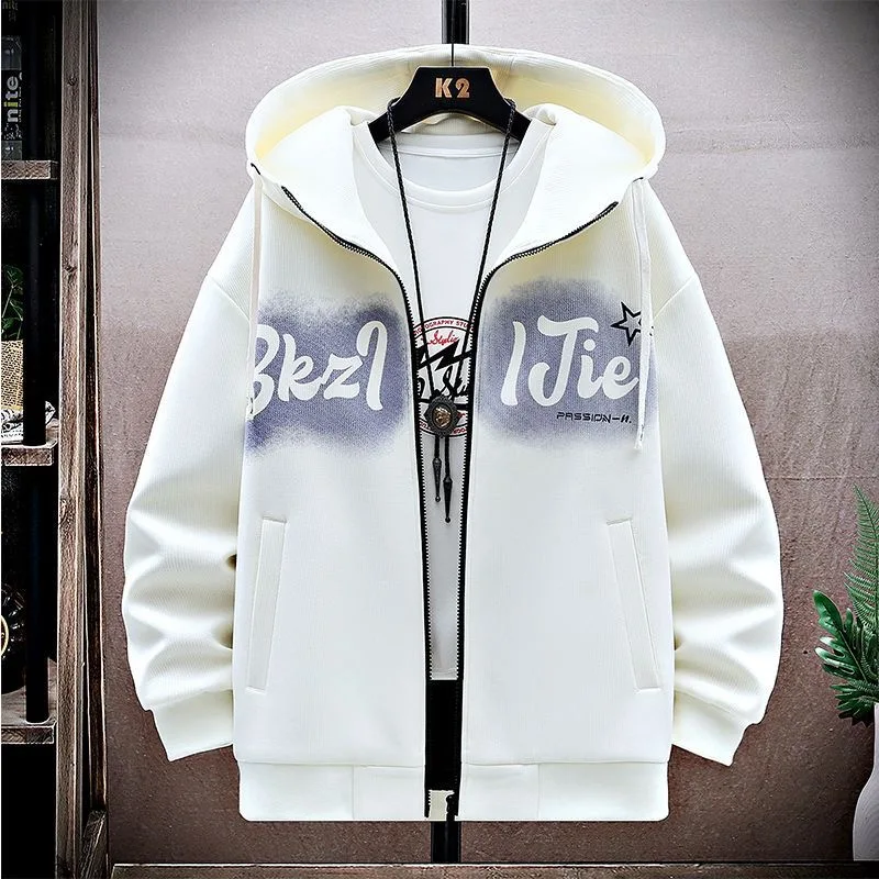 New Men's Plus-Size Hooded Sweatshirt S-6XL Korean-Style High-Street Fashion Zip-Up Jacket Apricot and Black Casual Jacket 2026