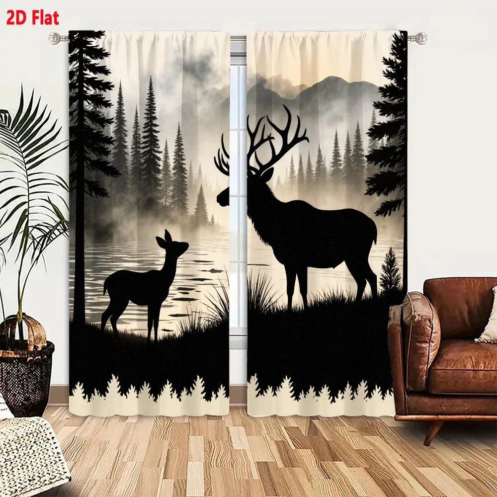 2Pcs Curtains 2D Flat Black Silhouette Deer Stag by Water Lake River with Forest Misty Mountains at Dawn Dusk Calm Wilderness La