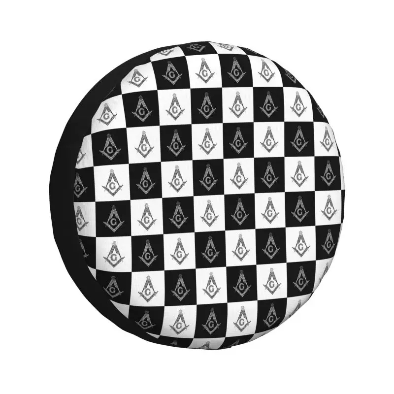 Custom Black And White Masonic Freemason Checkered Pattern Spare Wheel Cover for Jeep Pajero 4WD Trailer Tire Protector 14