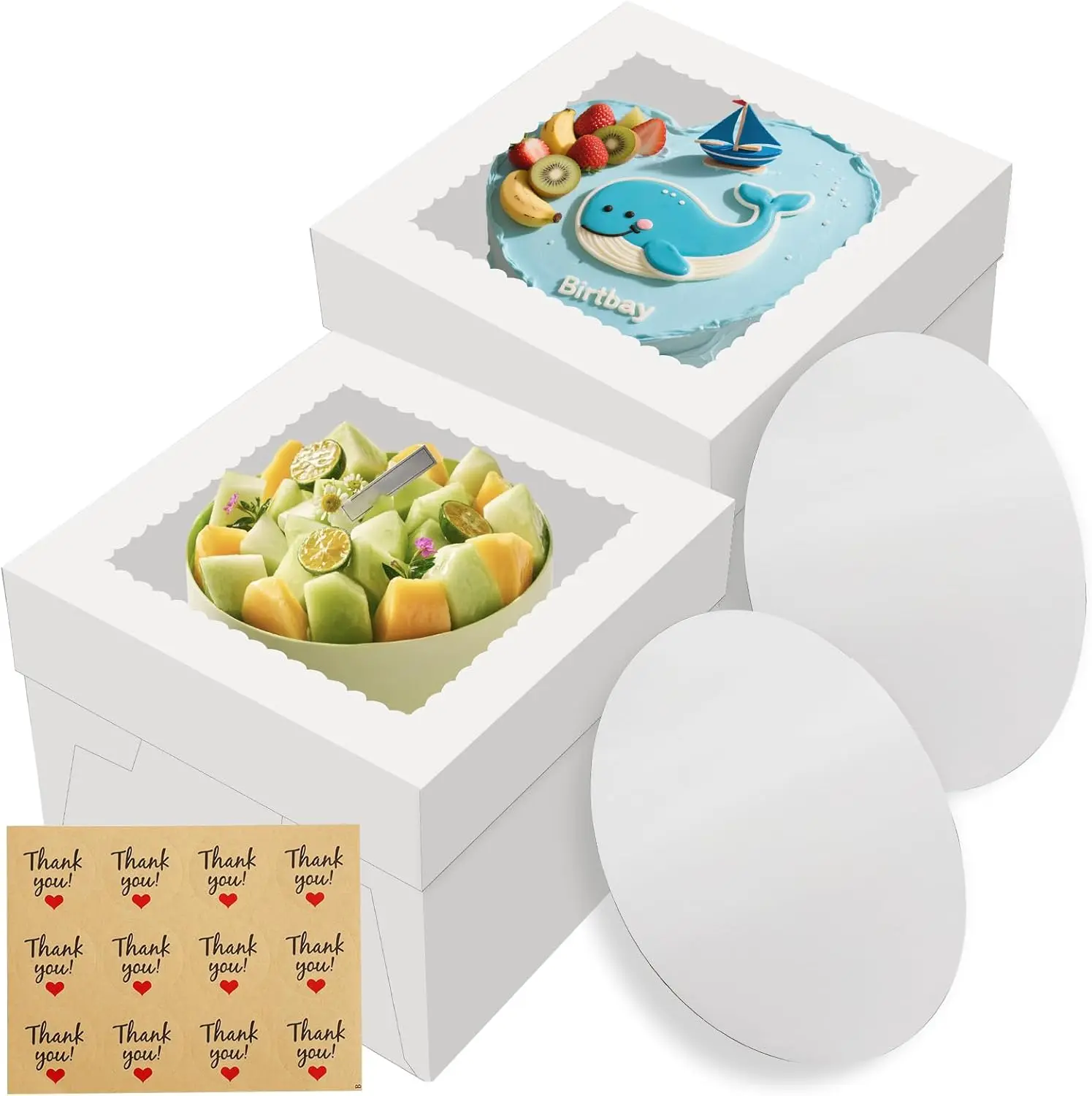 

2 Pack Cake Boxes 12x12x8 Inches with Window and Boards, White Bakery Containers for Wedding Birthday