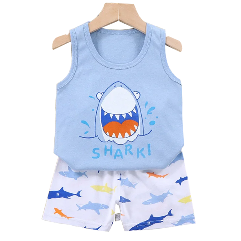 Cartoon Shark Vest+Shorts 2-Piece Clothing Set Pajamas Summer Kids Baby Boys Girls Cotton Casual Tracksuit Clothes Suit 0-6 Y