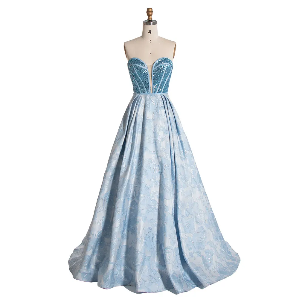 Elegant Sweetheart Blue Sequin Corset Top Jacquard Long Prom Dress Party Gown for Photo Shoot YEWEN YE3011