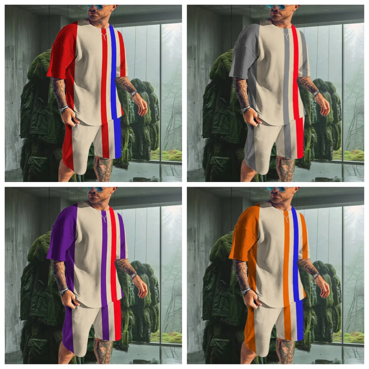 

25 летних мужских футболок, костюм в полоску с 3D принтом, мужской спортивный костюм, футболки с короткими рукавами для бега, комплект уличной одежды для мужчин, одежда