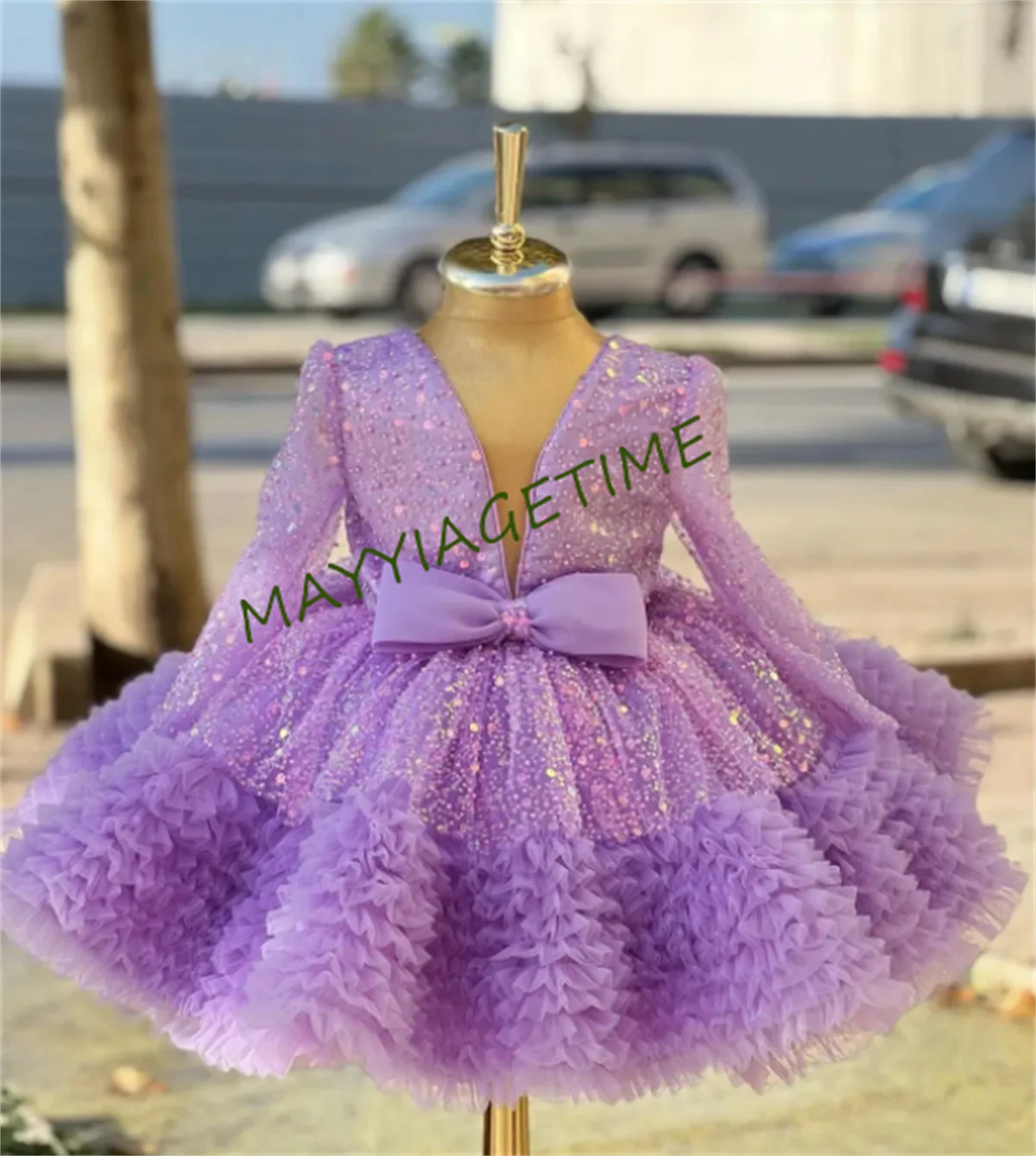 

Sequins Flower Girl Dress Birthday Full Sleeve Sparky Ball Gown Bow Knee Length Kids Princess Dress First Communion Purple 2023