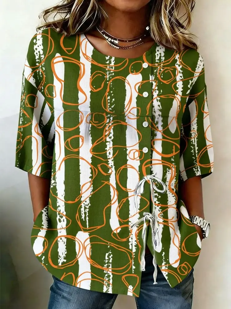 

Women's Abstract Geometric Print Casual Blouse, Button Tie Front Loose Top with Pockets for Spring Summer Daily Wear
