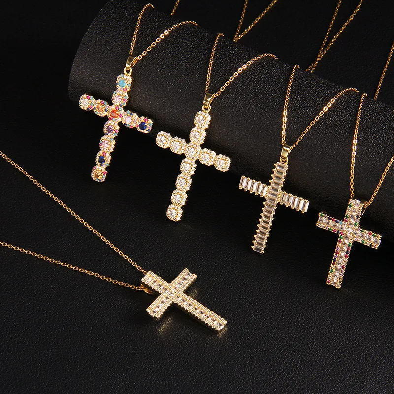 Fashion Metal Plated Gold Zircon CZ Cross Virgin Mary Pendant Snake Chain Necklace For Women daily Jewelry