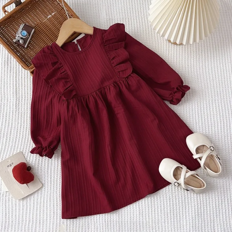 

Girl's Solid Color Clothing Autumn Korean Version Simple Dress Round Neck Long Sleeved Wooden Ear Edge Pleated Dresses