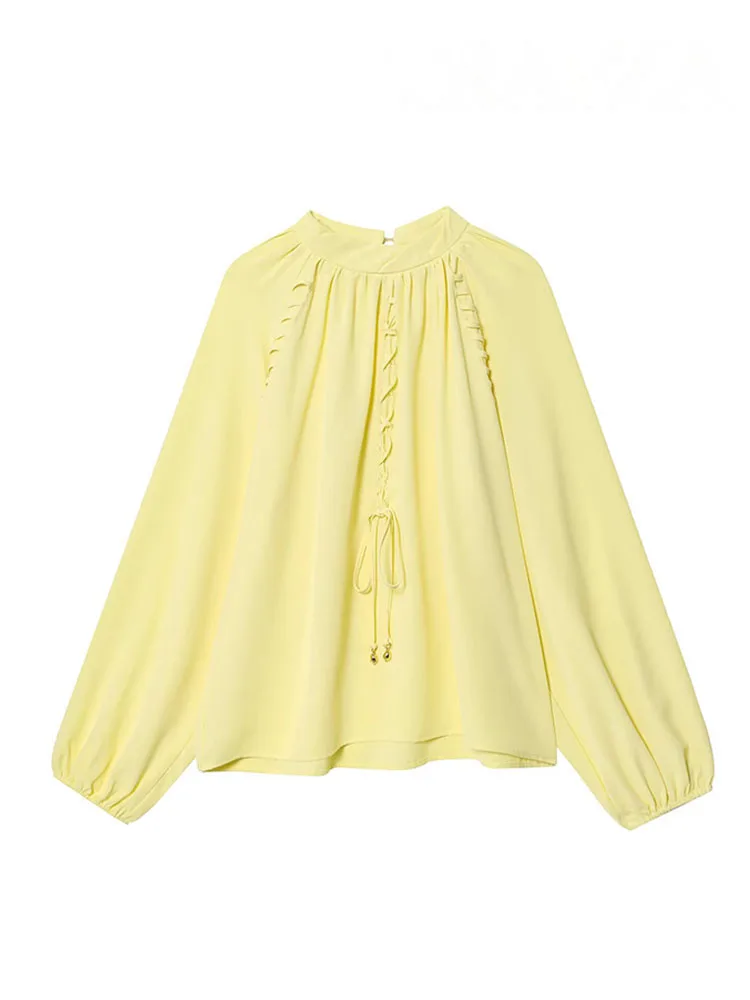 HH Autumn Women's Fashion Shirts Yellow O-Neck Lantern Long Sleeves Bow Lace-Up Decoration Female Casual Loose Blouses