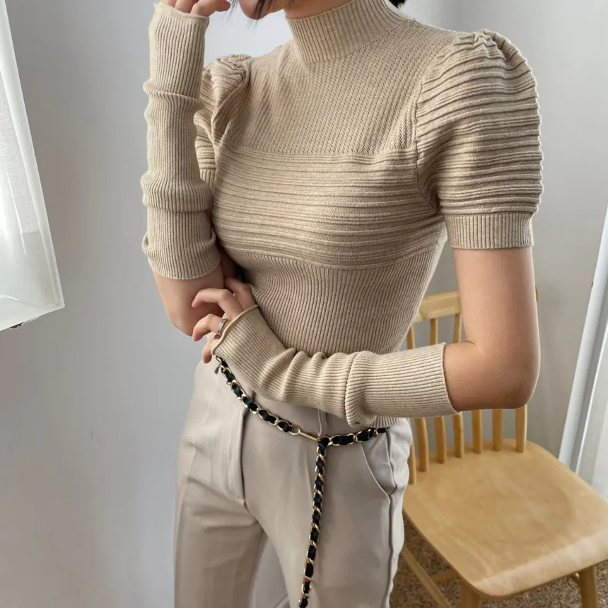 HELIAR Women 2023 Autumn Winter Puff Sleeve For Women Knitted Jumpers Semi Turtleneck Sweater O-Neck Sweater 2023 Pullovers