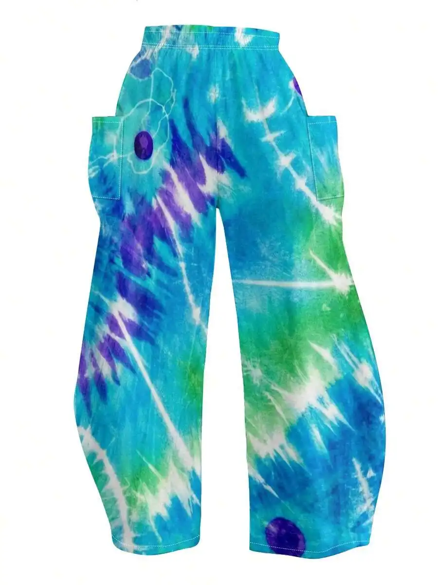 

Womens Tie-Dye Wide Leg Loose Trousers Blue Green Purple Breathable Fabric