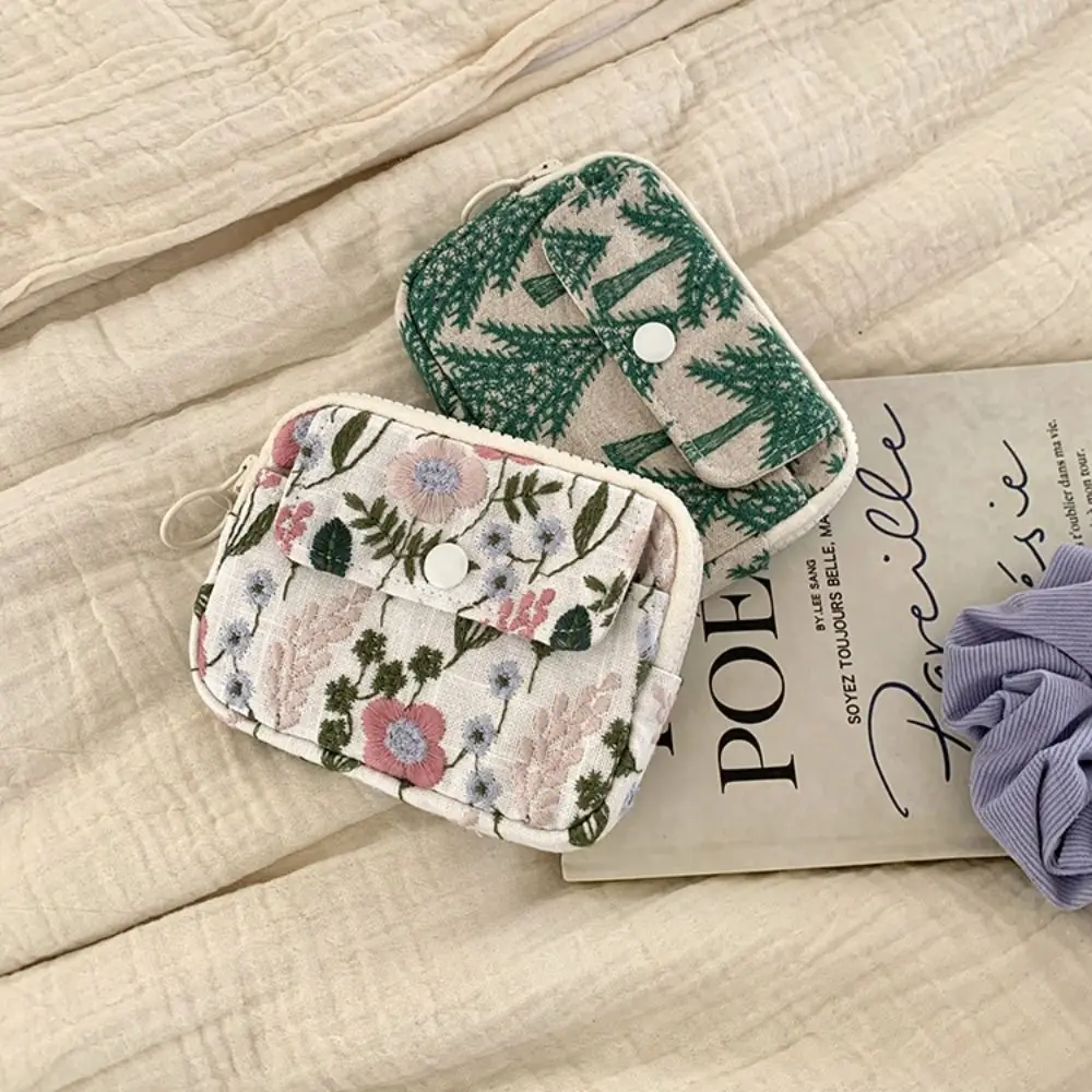 

Portable Cute Embroidery Storage Bag Cotton Linen Flower Earphone Bag Card Holder Zipper Pouch Small Cosmetic Bag Women