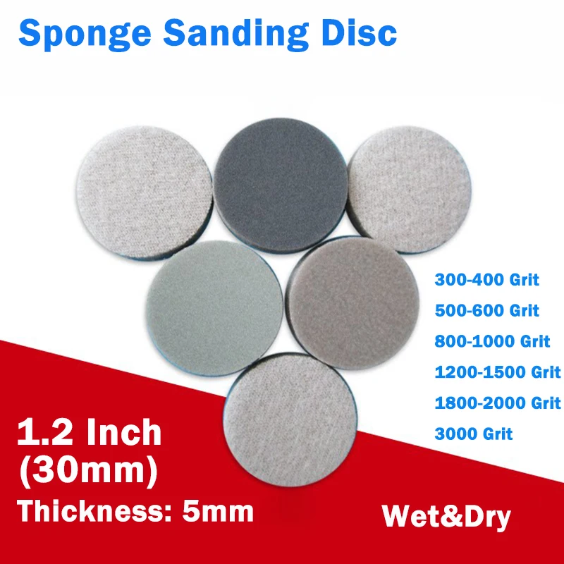 3/5/10/20/50pc Hook and Loop Round Sponge Sanding Disc 1.2 Inch 30mm Sandpaper Pad 300-3000Grit Wet&Dry for Polishing & Grinding