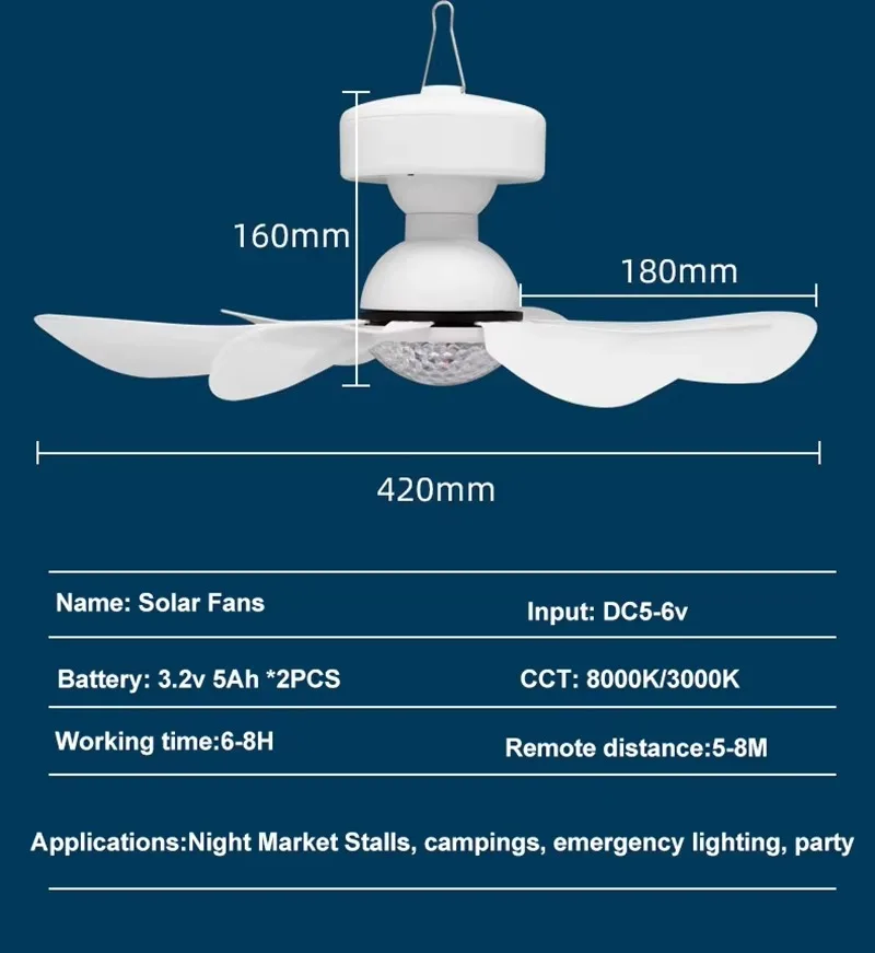 Solar Powered Ceiling Fan Light 3-Color LED Portable for Outdoor/Indoor Use Energy Efficient Solar Panel Charging Fan Bulb