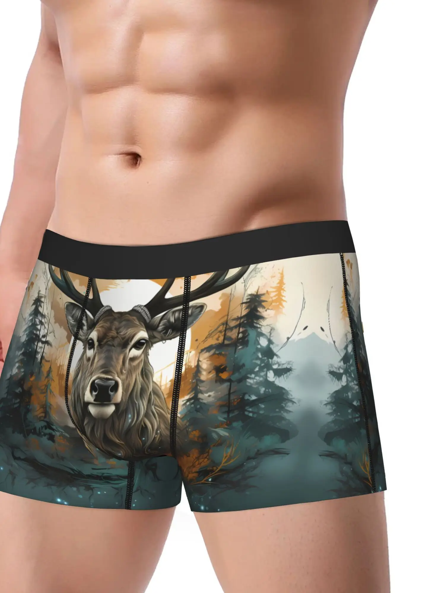 Deer Print Underwear Boxer Briefs with Elastic Waistband Green Forest Design Comfortable Stylish for Casual Attire Deer Clothes