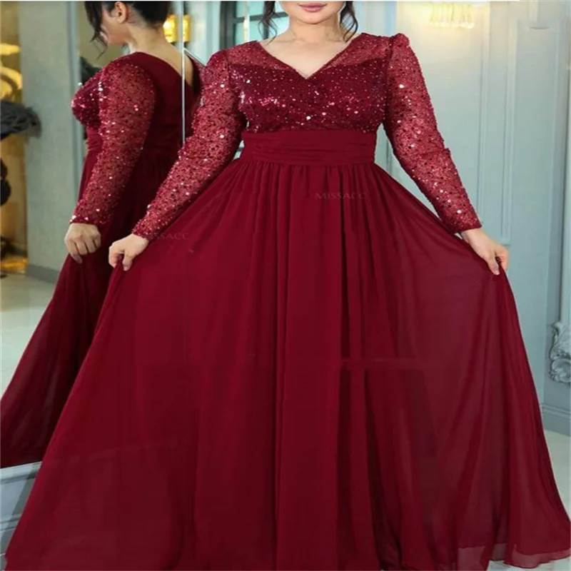 New Dark Red Evening Dresses A Line  Long Sequin Prom Dresses Long Wedding Party Dress Women Fast Shipping Parties Customized