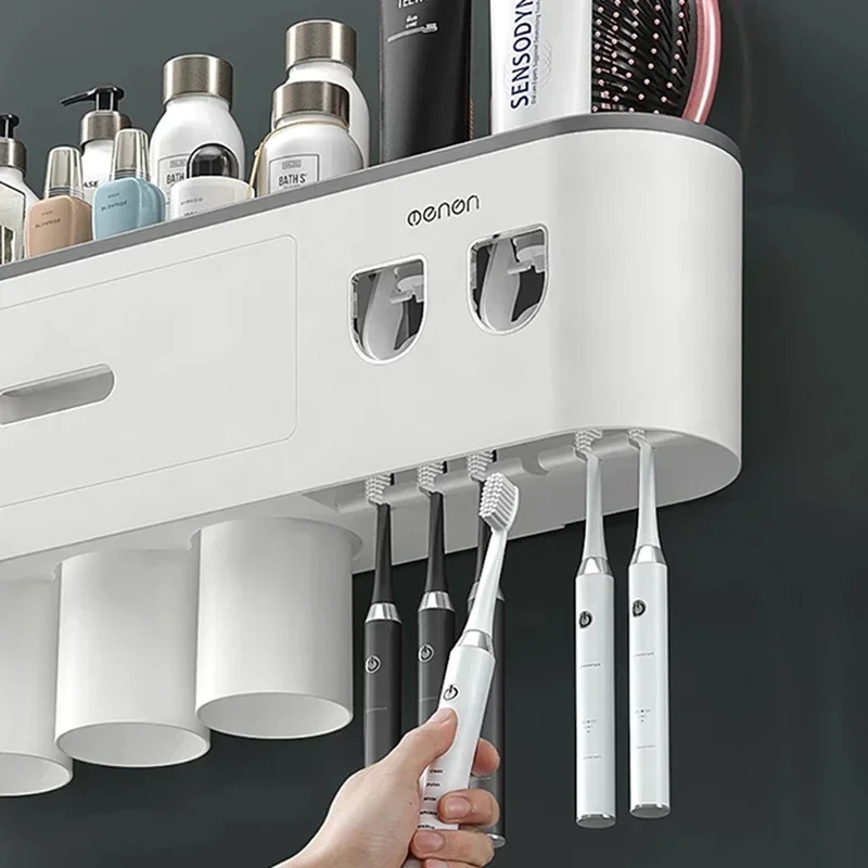 WIKHOSTEAR Wall mounted Toothbrush Holder Magnetic Adsorption Inverted Toothpaste Squeezer Double Automatic Toothpaste Dispenser