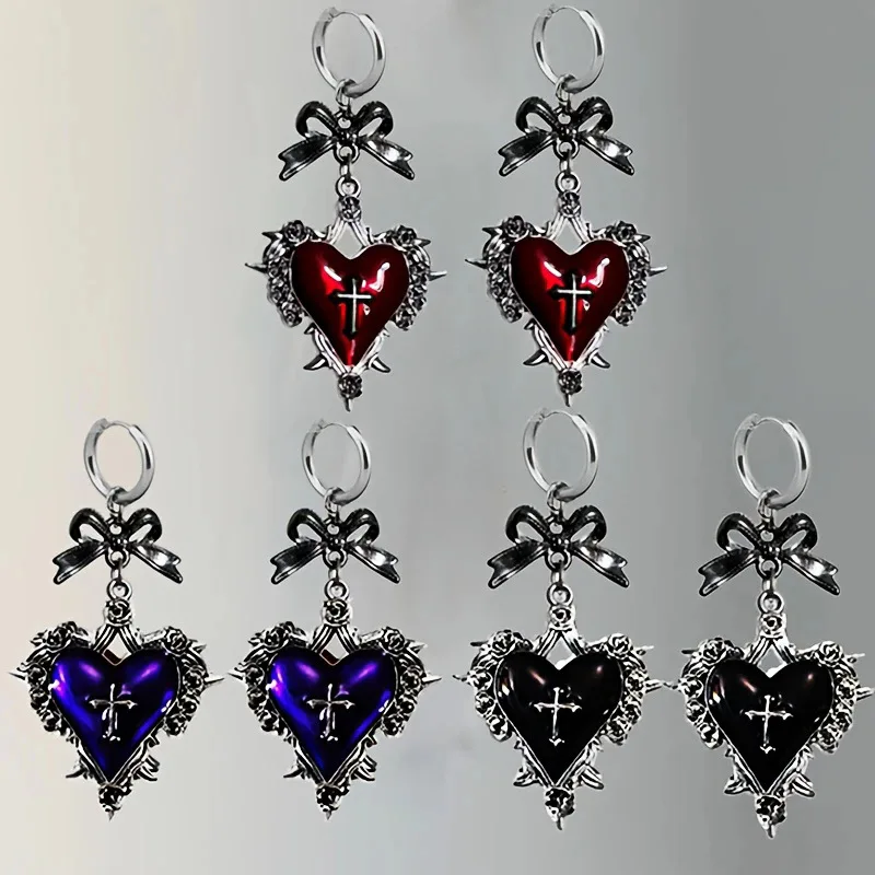 

Death Cross Heart earrings, Gothic jewelry, retro, rose, bow, witchcraft accessory, Pagan, Heart, ear hook For Women Girls