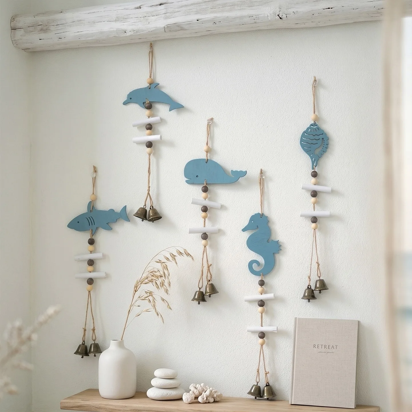 Wooden Sea Animal Wind Chime Hanging Ornament Mediterranean Wall Decor Nautical Bell Pendant