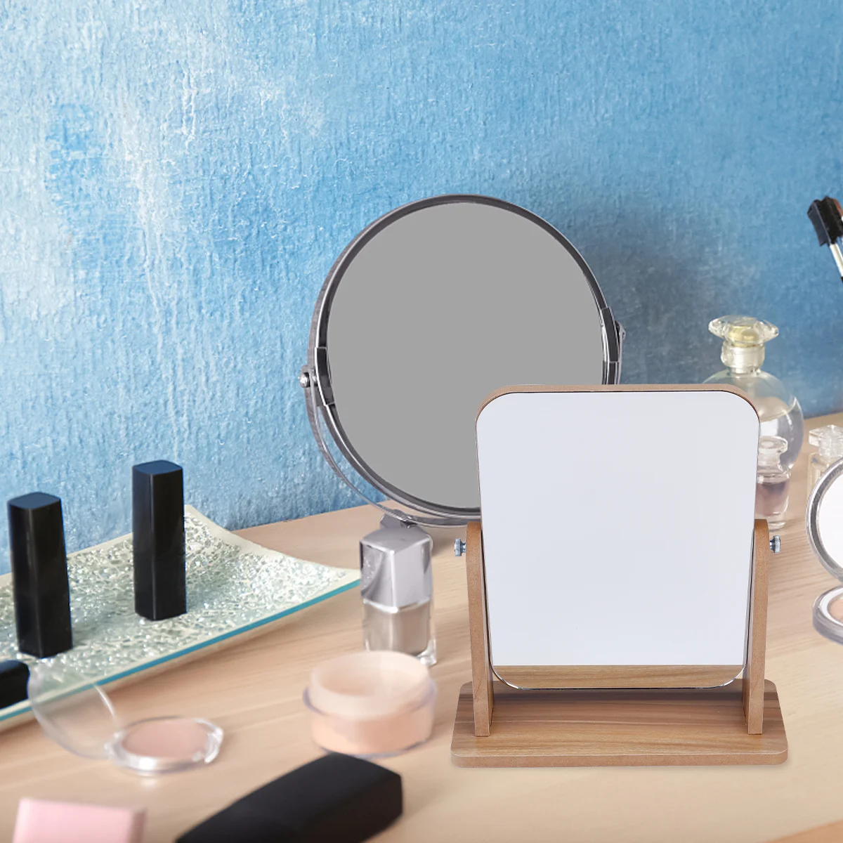 

Gray Square Desktop Makeup Mirror High Quality Wooden Frame Clear Glass Standing Mirror for Bathroom Dressing Table Decor Use