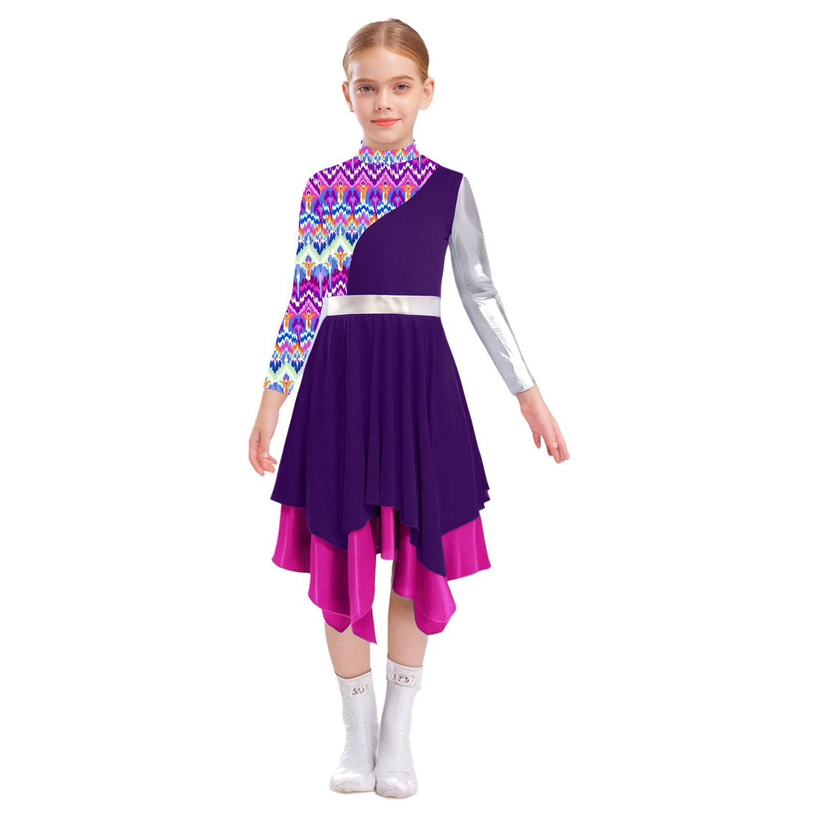 Robes de louange chrétienne liturgique pour filles, vêtements de danse lyrique de Ballet irrégulier imprimés, Costumes de spectacle de chorale d'église à manches longues