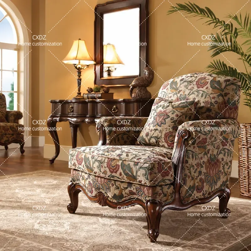 Solid Wood Fabric Single Sofa Nostalgic Retro Flower Cloth Leisure Chair Home Balcony Comfortable Country