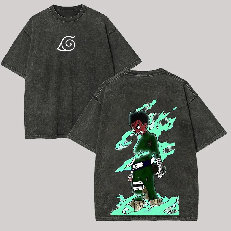 Rock Lee T-Shirt Naruto Herren Acid Wash Rückendruck Acht Tore Anime Grafik Baumwolle Streetwear Konoha Vintage Bootleg Tee