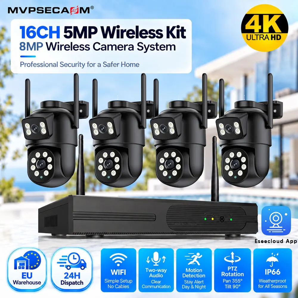 Kit telecamera CCTV WiFi 8MP con NVR wireless 16CH 5MP, telecamere di sicurezza PTZ a doppia lente, allarme di movimento intelligente, comunicazione bidirezionale, visione notturna a colori per